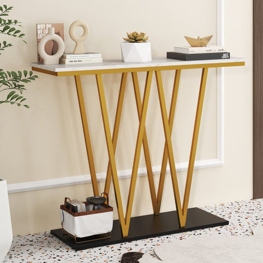 The console table is styled with decorative items in a room setting