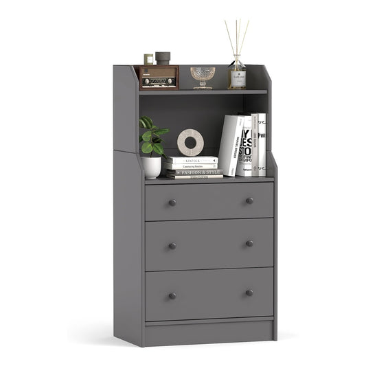 Modern Chest of Drawers Dresser with Shelves in grey, a tall unit with three drawers and shelves above