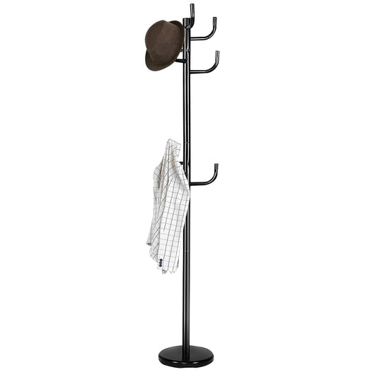 Modern Coat Stand Hanger with 8 hooks and a round base, holding a hat and a jacket