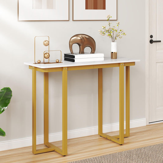 The console table is shown in a hallway with decorative items on top