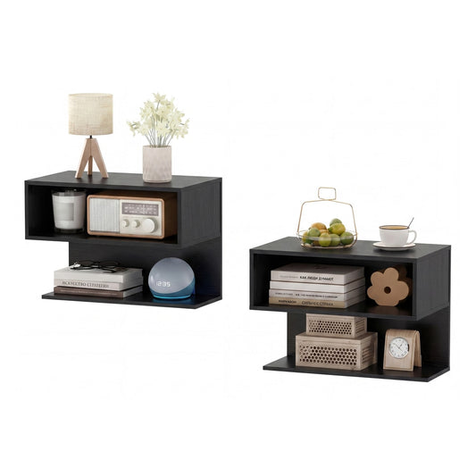 Modern Floating Nightstand in black with two shelves, shown from the front with a lamp and radio on top