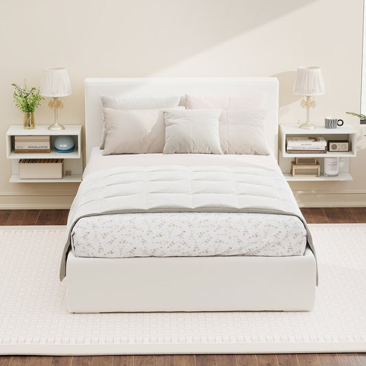 This floating nightstand is shown in a bedroom setting, mounted on the wall on either side of a bed