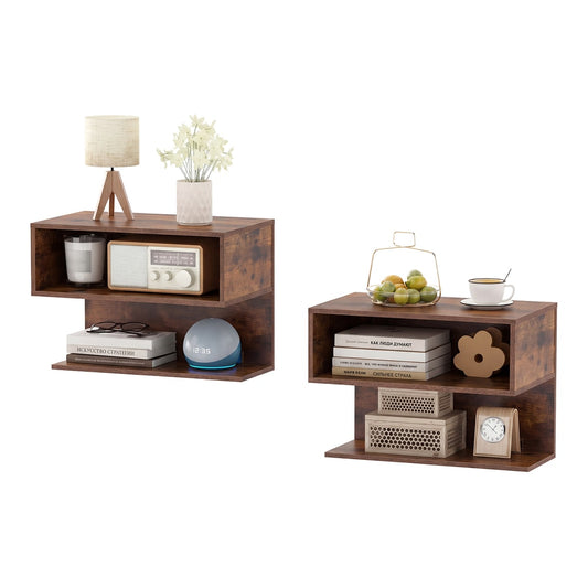 Modern Floating Nightstand with storage shelves in rustic brown wood effect finish