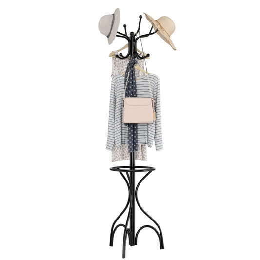 Modern Freestanding Metal Coat Stand holding various items of clothing and hats on a white background