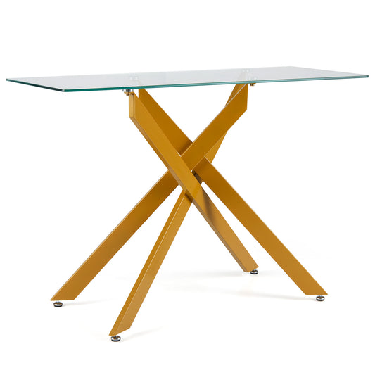 Modern Glass Console Table with a clear glass top and golden tubular legs