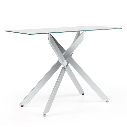 Modern Glass Console Table with a clear tempered glass top and a silver tubular leg frame