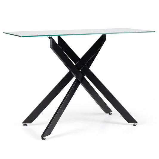 Modern Glass Console Table with a clear top and black crossed legs on a white background