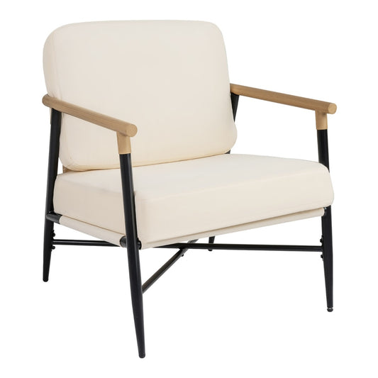 Modern Lounge Chair with Removable Zippered Cushions in beige fabric with black metal legs and wooden armrests