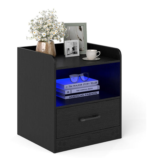Modern Nightstand with drawer and open shelf in black