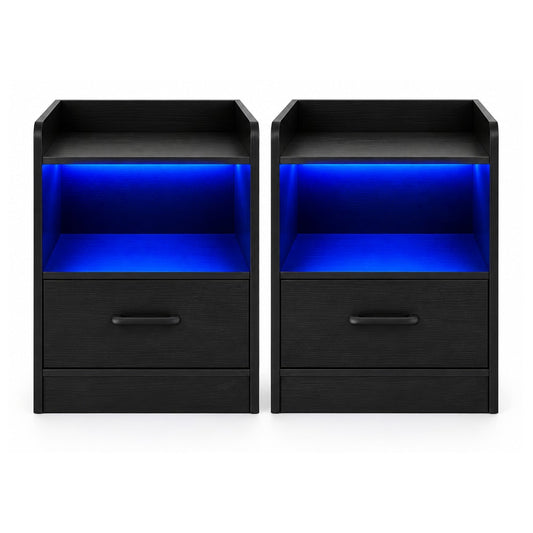 Modern Nightstand pair in black with blue light strips glowing in the open shelf sections