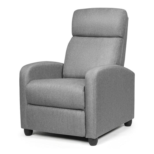 Modern Recliner Sofa Lounge / Adjustable Backrest Armchair in grey fabric, shown from the front