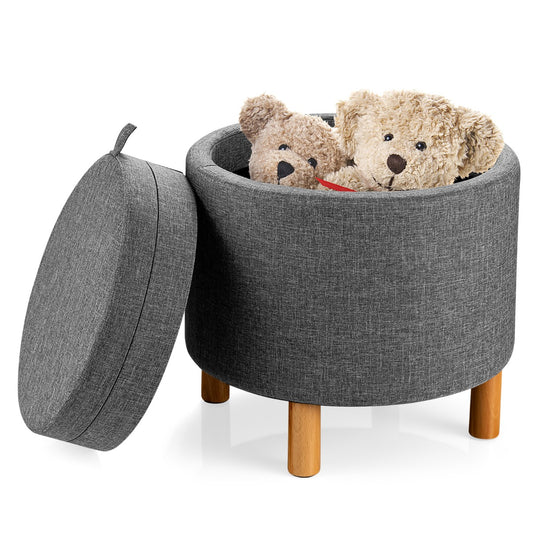 Modern Round Padded Storage Ottoman with Hidden Storage Space in grey fabric with two teddy bears inside