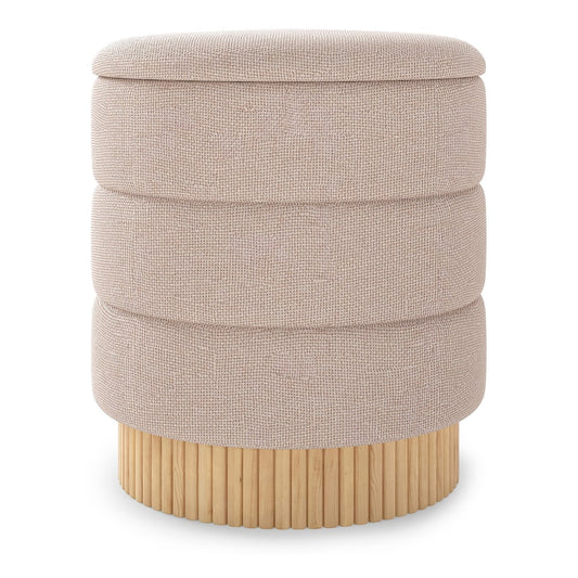 Modern Round Storage Ottoman with removable lid and solid wood base in beige fabric