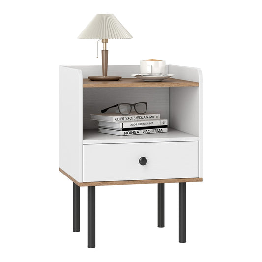 Modern Sofa Side Table with a drawer and shelf, shown in white with wood effect accents and black metal legs