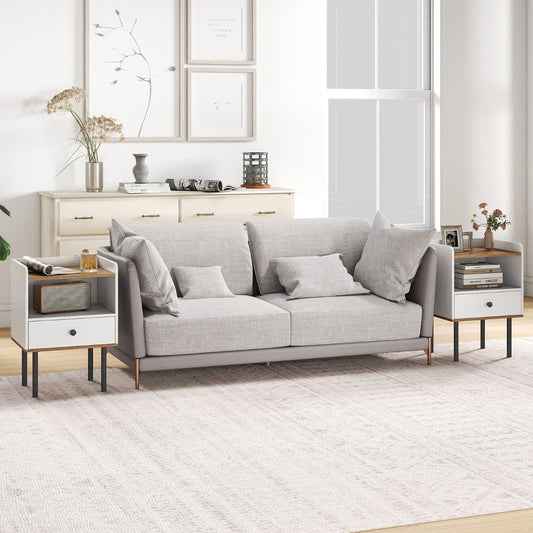 Two white modern sofa side tables flanking a grey sofa in a living room