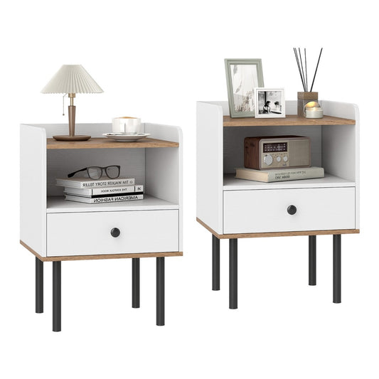 Modern Sofa Side Table with a drawer and open shelf, white finish and wood effect top
