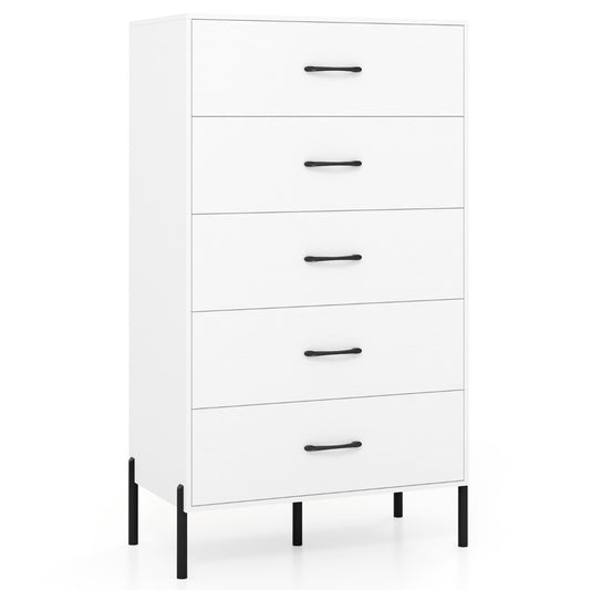 Modern Tall Chest of Drawers with five white drawers and black metal legs on a plain white background