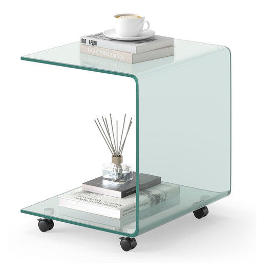 Modern Tempered Glass Side Table with 2-tier Shelf, a transparent C-shaped table with wheels and two shelves