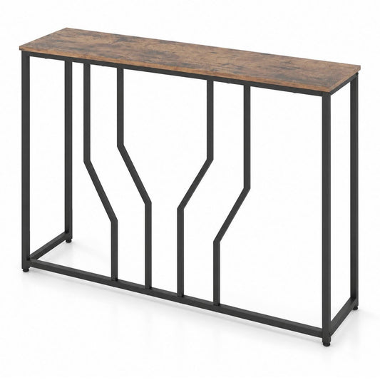 Modern White Faux Marble Entryway Table with geometric metal frame and rustic brown top