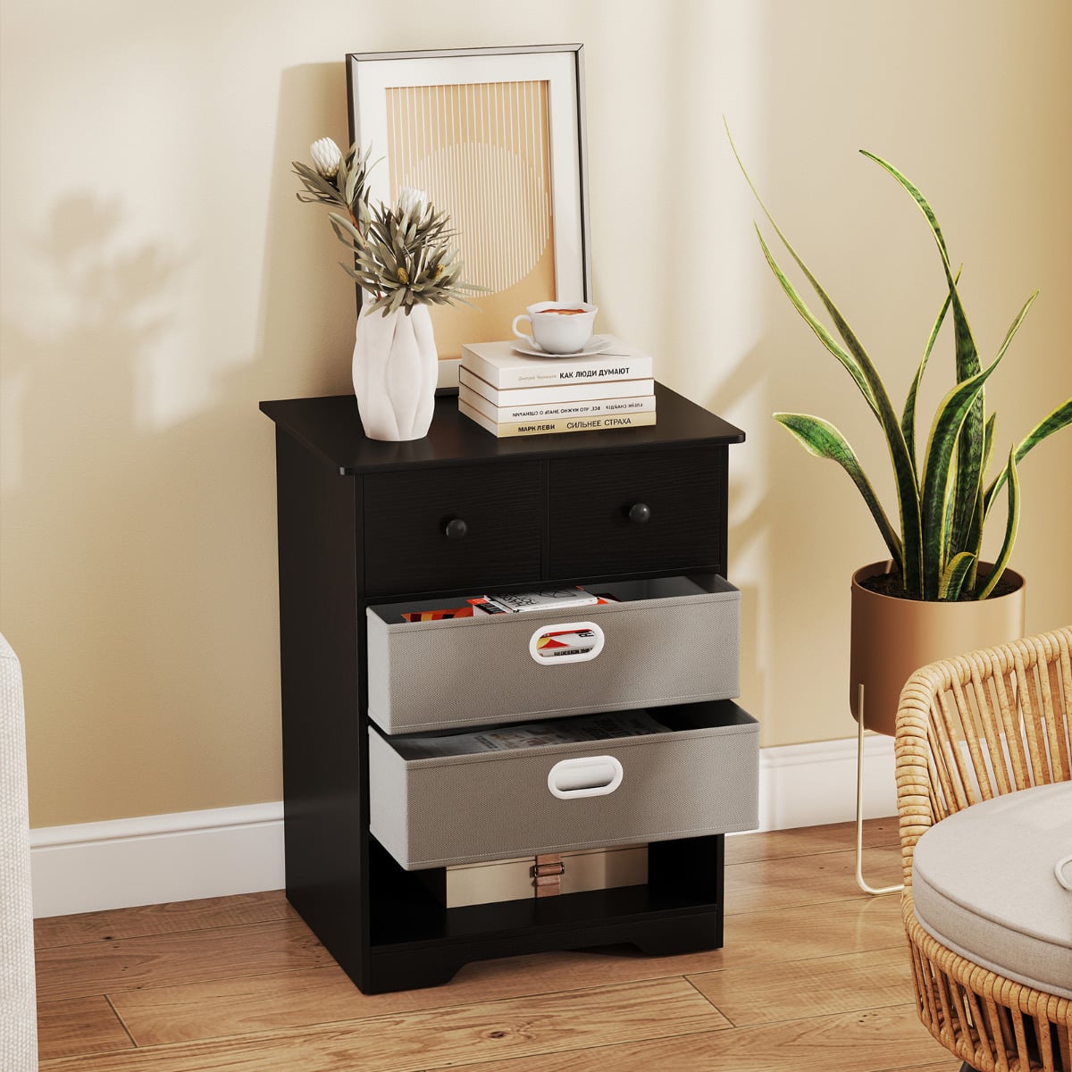 Modern Chest Storage Organizer with Open Shelves-Black
