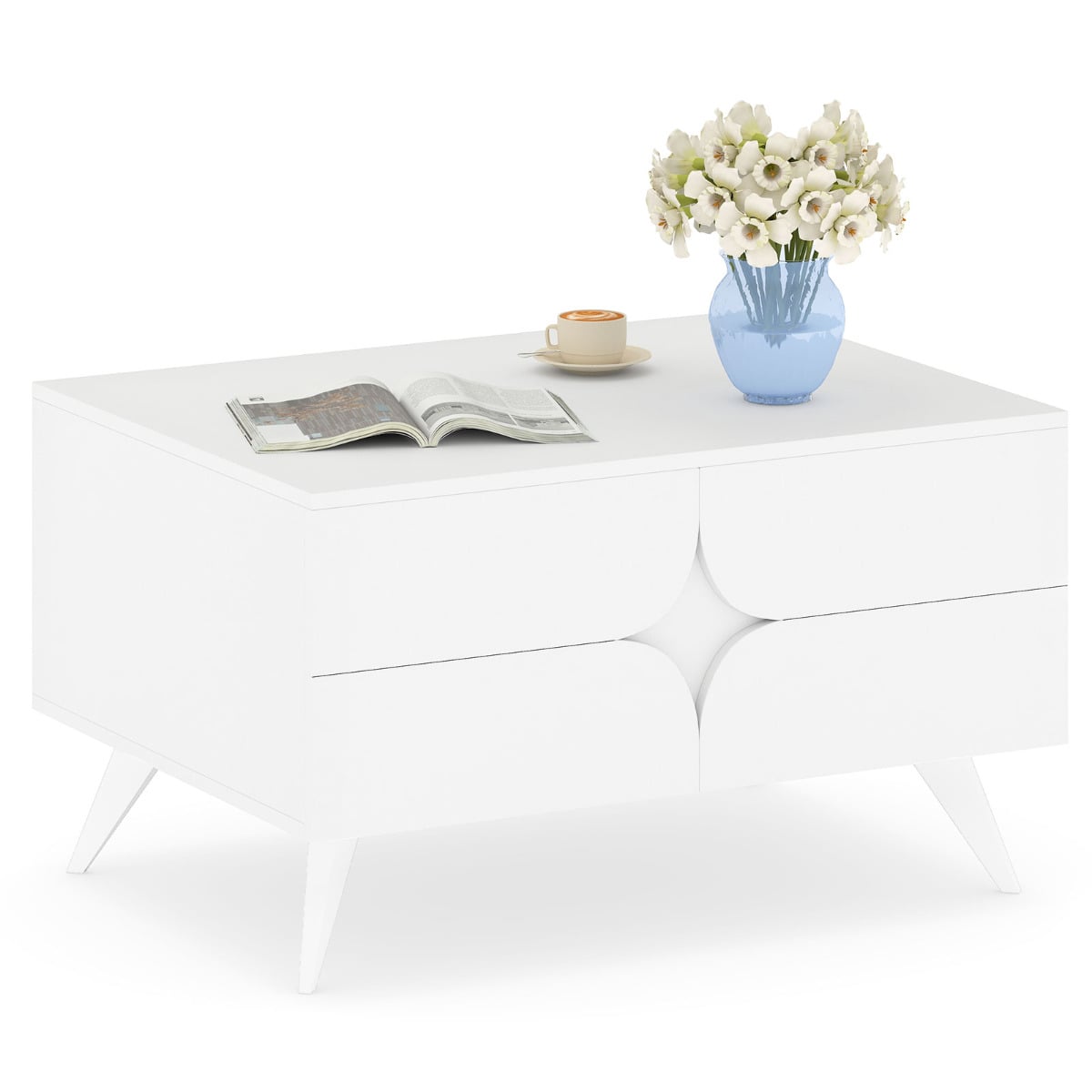 Modern Coffee Table with Storage Farmhouse Accent Table with Open Compartments and 3 Drawers-White