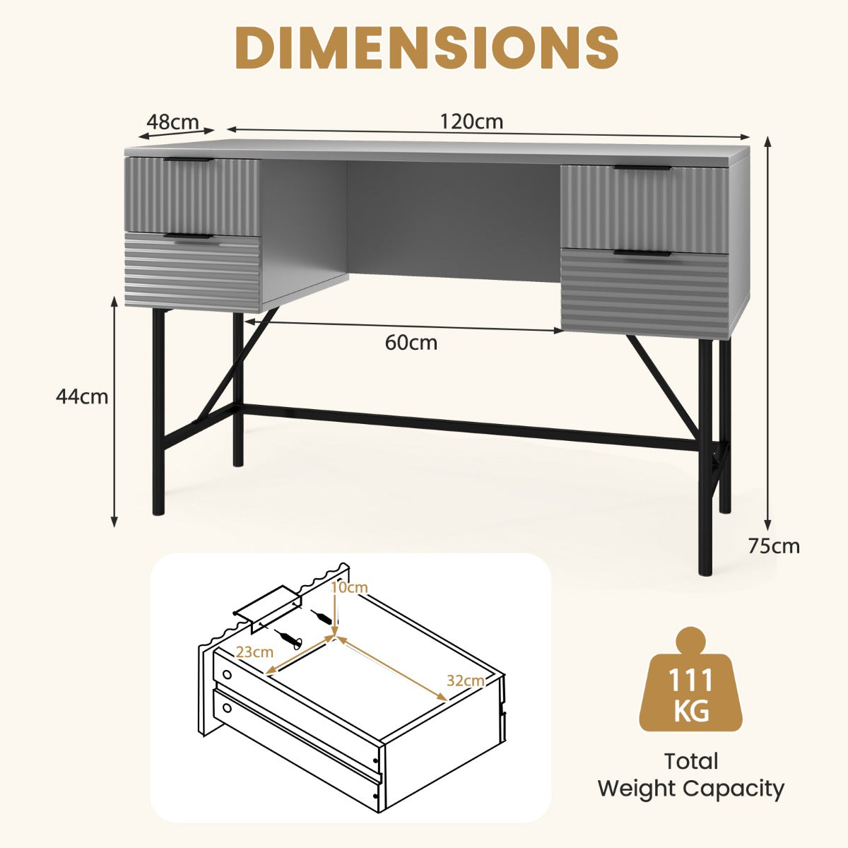 Modern Computer Desk with 4 Drawers and Storage-Grey