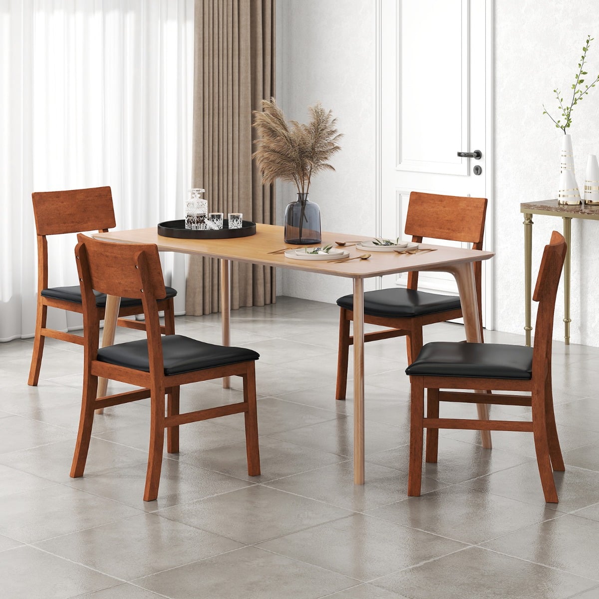 Modern Dining Chair Set of 2 with Rubber Wood Legs and Artificial Leather-Black