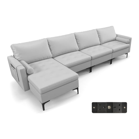 Modular Sectional Sofa Couch in grey with a separate view of the integrated power and USB ports