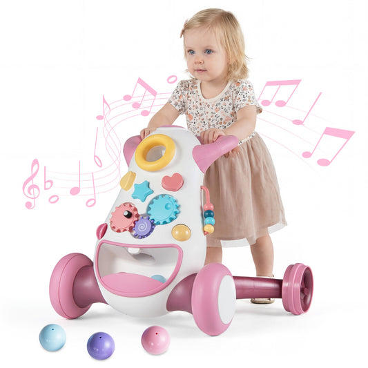 Montessori Baby Walker Toddler Educational Push Toy with music and light in pink, with a baby pushing it