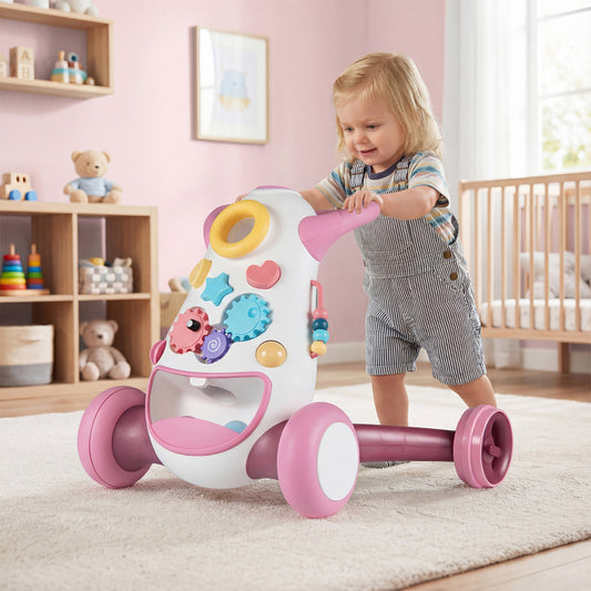 The pink baby walker is in a nursery with a baby pushing it