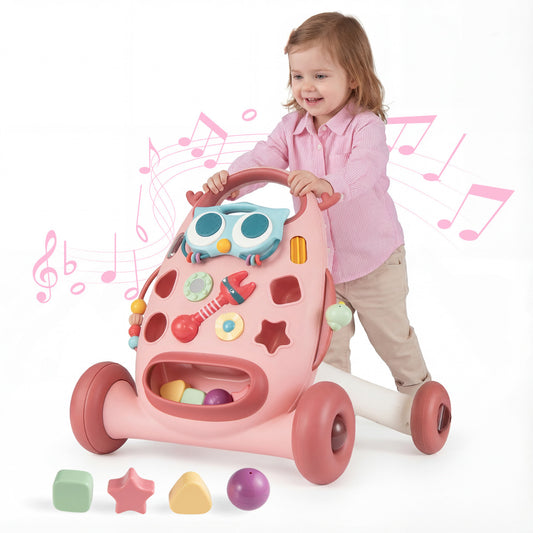 Montessori Baby Walker Toddler Educational Push Toy being pushed by a child with musical notes around