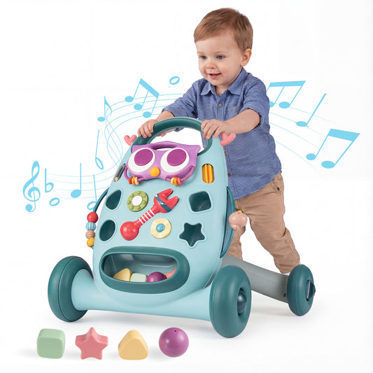 Montessori Baby Walker Toddler Educational Push Toy being pushed by a child with musical notes around