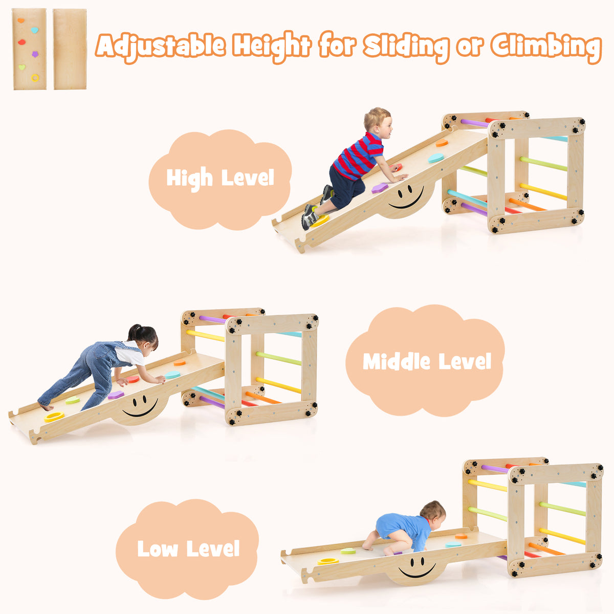 The climbing frame set showing three different height levels for the slide and climbing ramp