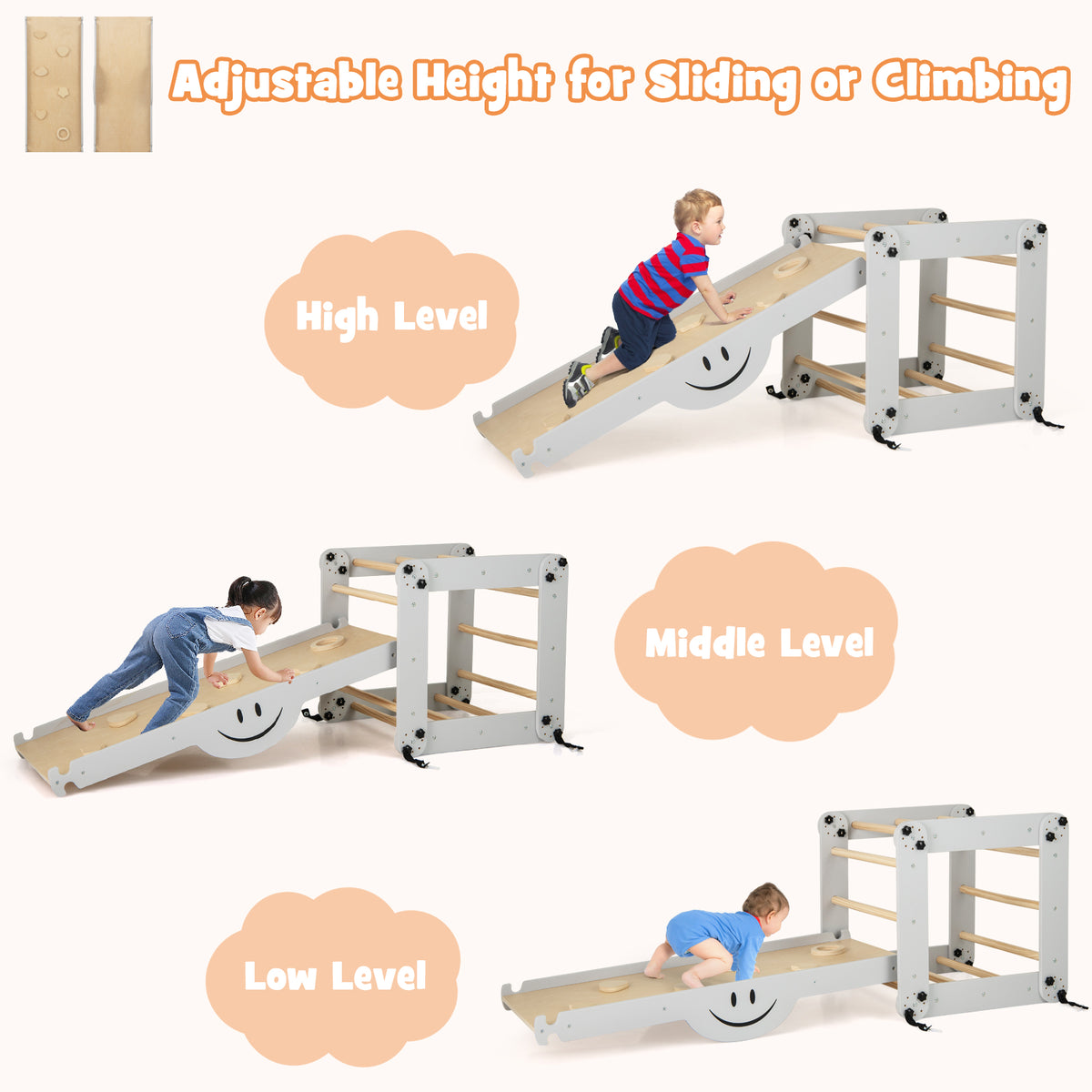 The climbing frame shown at high, middle and low levels for sliding and climbing