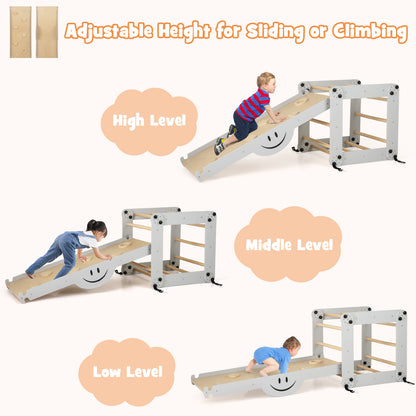 The climbing frame shown at high, middle and low levels for sliding and climbing