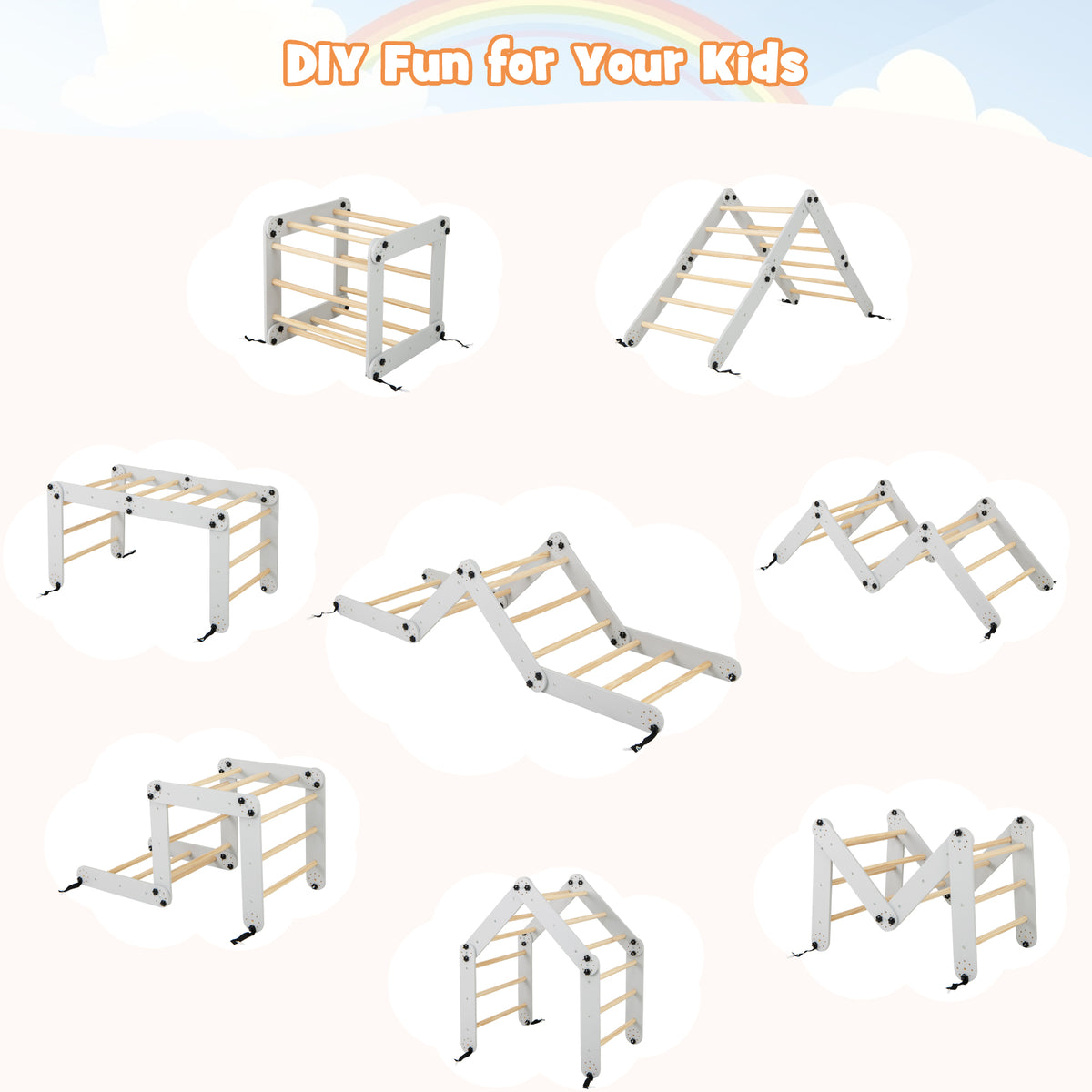 Seven different configurations of the grey and wood climbing frame for DIY fun
