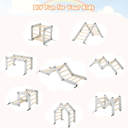 Seven different configurations of the grey and wood climbing frame for DIY fun