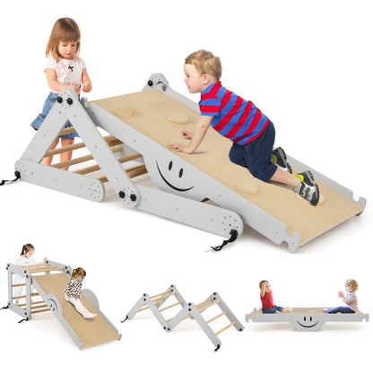 Montessori Climbing Set for Toddlers Foldable with Fun Seesaw in grey and wood finish, shown with children playing