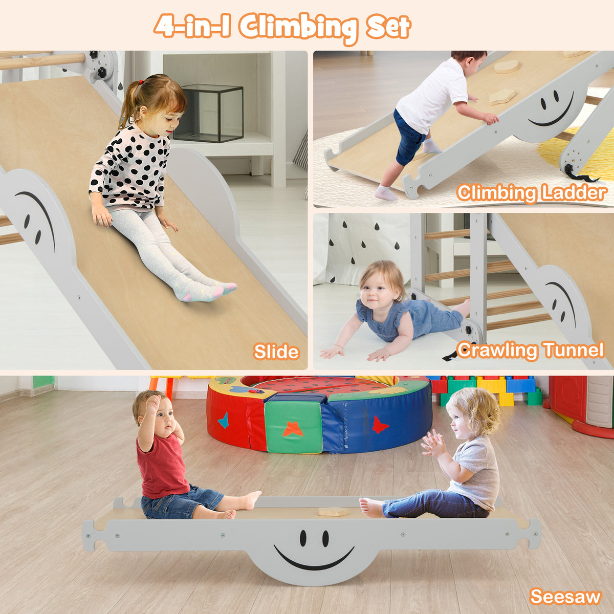 Four different ways to use the climbing frame: sliding, climbing ladder, crawling tunnel and seesaw