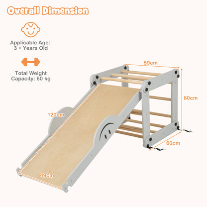 A diagram showing the overall dimensions of the grey and wood climbing frame