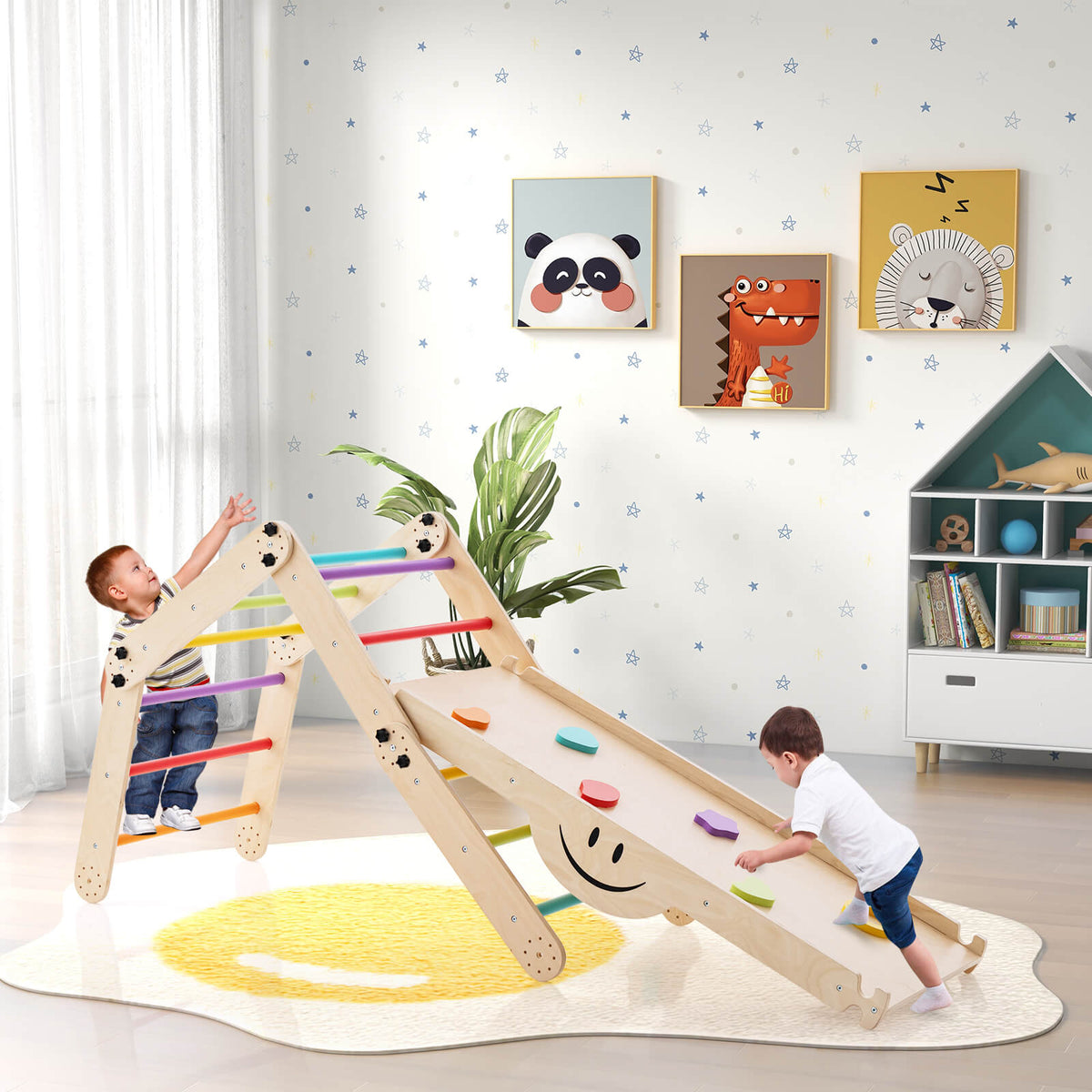 The climbing frame set placed on a rug in a child's bedroom with two children playing on it
