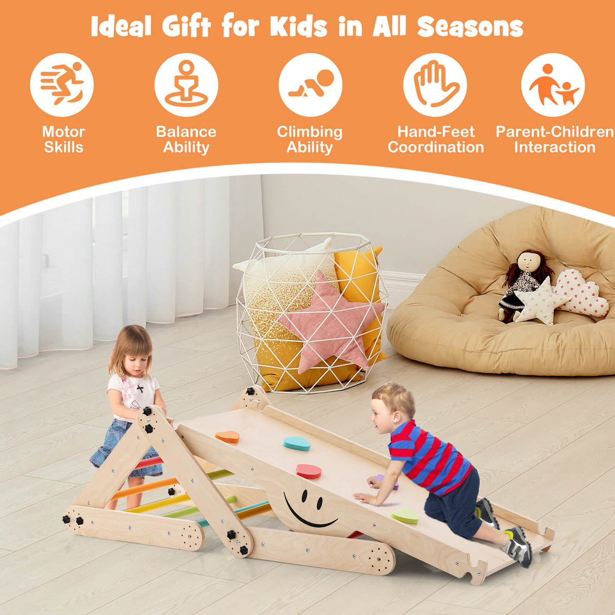 The climbing frame set in a living room with icons above showing developmental benefits for kids