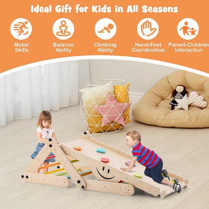 The climbing frame set in a living room with icons above showing developmental benefits for kids