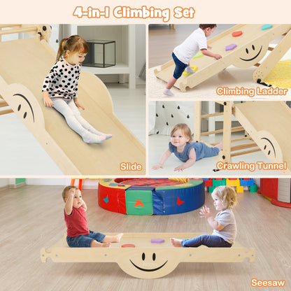Four different activities on the wooden climbing frame: slide, climbing ladder, crawling tunnel and seesaw
