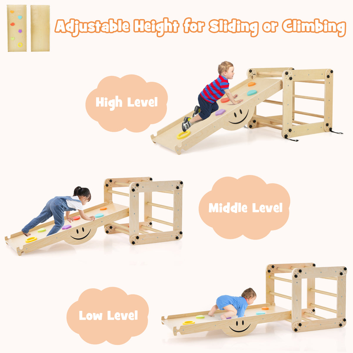 The wooden climbing frame set at high, middle and low levels for sliding and climbing