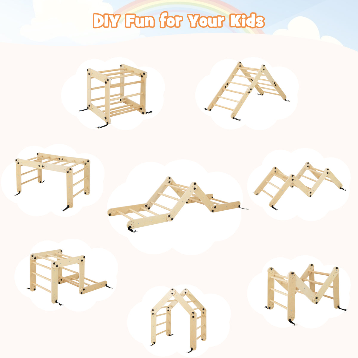 Various configurations of the wooden climbing frame, showing DIY fun for kids