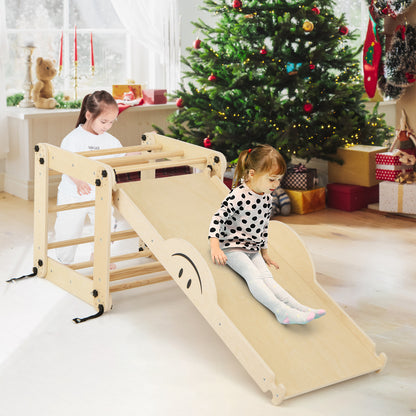 Toddlers enjoying the wooden climbing frame with slide and ladder during Christmas time