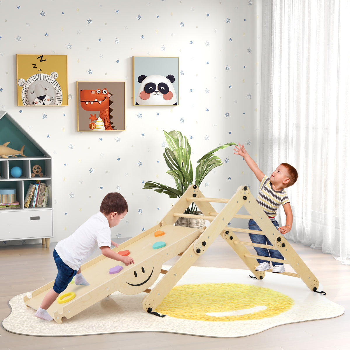 Children playing on the wooden climbing frame with slide and ladder in a bright nursery room