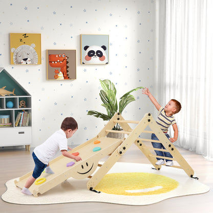 Children playing on the wooden climbing frame with slide and ladder in a bright nursery room