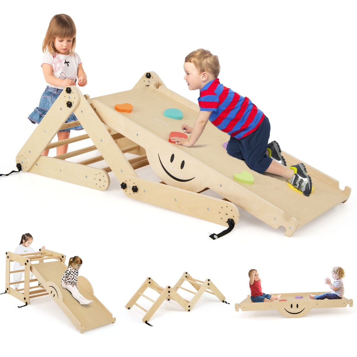 Montessori Climbing Set for Toddlers Foldable with Fun Seesaw, a wooden climbing frame with a slide and ladder